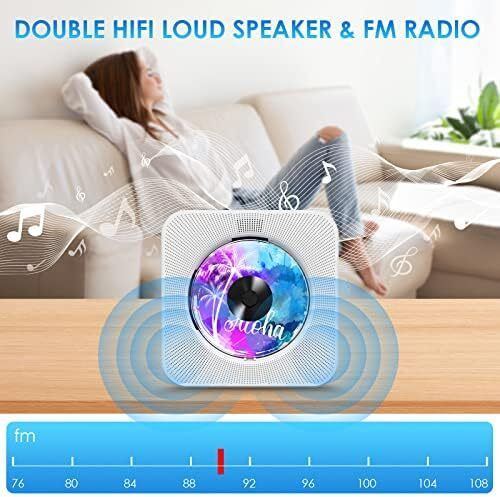 Portable CD Player with Bluetooth, Gueray Desktop CD Players for Home, Bulit-in Double HiFi Speakers, AUX&Headphone Jack, FM Radio Boombox with Remote Control, USB Port,LCD Display (White)