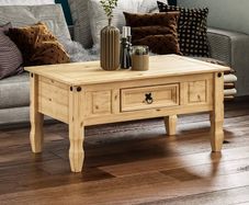 Movian Corona Rectangular Coffee Table With Drawer, Made From Distressed Waxed Solid Wood, Pine, 56 cm D x 94 cm W x 45 cm H