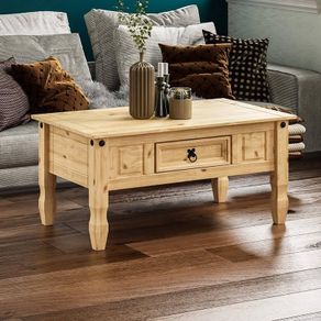 Movian Corona Rectangular Coffee Table With Drawer, Made From Distressed Waxed Solid Wood, Pine, 56 cm D x 94 cm W x 45 cm H