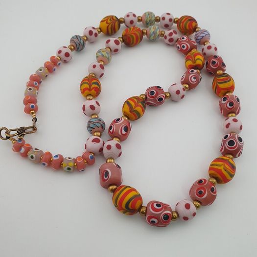 Antique Venetian Style Mix Eyes & Feather Desgin Glass Beads Necklace