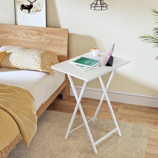 Side Table 2 Set, Folding Tables, TV Tray Table, Snack Table for Eating, Small Sofa End Laptop Drinks Coffee Table for Small Space, Living Room, Industrial, Metal Frame, White