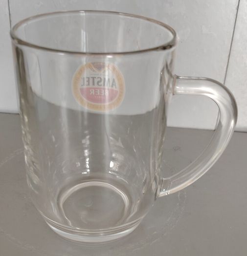 Vintage Amstel Bier Pint Tankard Glass 20oz - ARC France 1980s Flat Top D-Handle (23cm)