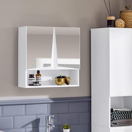 Mirror cabinet modern design  has 2 mirrored doors and an open storage compartment
