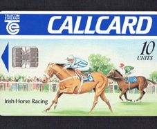 1991 Ireland 10 unit Irish Horse Racing Definitive Call Card with Schlumberger SC6 Chip, Dame Lane Address, Shinny finish, White to cream back, Full Flag, Barcode Used. Telecom Eireann card number 1033.