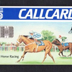1991 Ireland 10 unit Irish Horse Racing Definitive Call Card with Schlumberger SC6 Chip, Dame Lane Address, Shinny finish, White to cream back, Full Flag, Barcode Used. Telecom Eireann card number 1033.