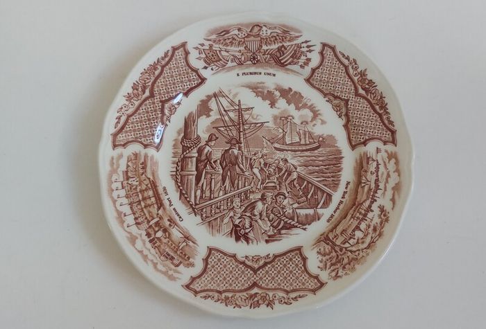 Fabulous Vintage 35 Piece Brown and White Fair Winds, Historical Scenes of Chinese Export to America Dinner Service by Alfred Meakin, Staffordshire