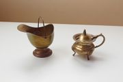 Vintage brass miniature coal bucket &amp; small brass footed pot
