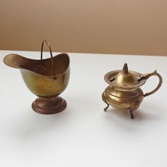 Vintage brass miniature coal bucket & small brass footed pot