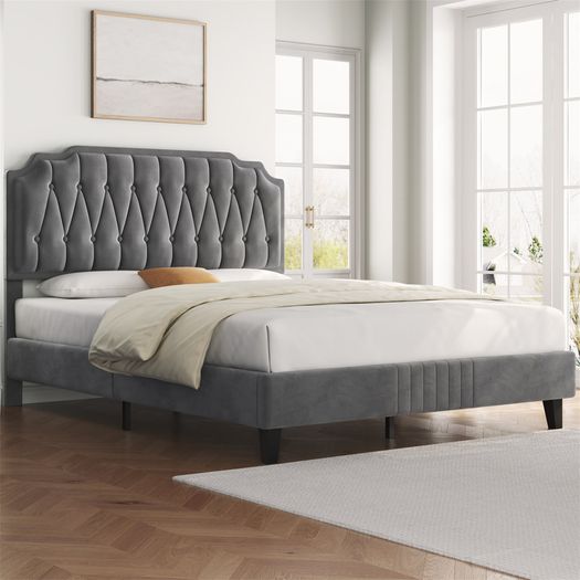 Double Upholstered Velvet Bed Frame with with Diamond Button