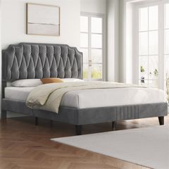 Double Upholstered Velvet Bed Frame with with Diamond Button