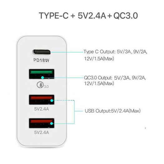 QC 3.0 & PD USB 4 Ports Wall Fast Charger 48W [2 Power Plugs (US/UK)] (Brand New/Warranty)