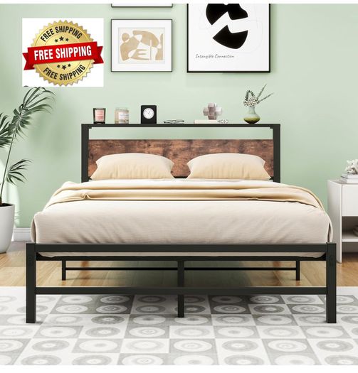 Double Bed Frame,Metal Platform Bed 135x190 cm,Brown No Box Spring Needed,Steel Slats Mattress Base,with Wood Storage Headboard,Noise Free,Black Double Bed Frame,Easy Assembly