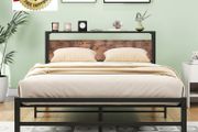 Double Bed Frame,Metal Platform Bed 135x190 cm,Brown No Box Spring Needed,Steel Slats Mattress Base,with Wood Storage Headboard,Noise Free,Black Double Bed Frame,Easy Assembly