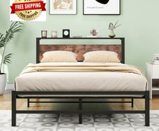 Double Bed Frame,Metal Platform Bed 135x190 cm,Brown No Box Spring Needed,Steel Slats Mattress Base,with Wood Storage Headboard,Noise Free,Black Double Bed Frame,Easy Assembly