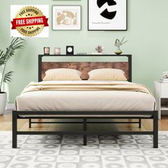 Double Bed Frame,Metal Platform Bed 135x190 cm,Brown No Box Spring Needed,Steel Slats Mattress Base,with Wood Storage Headboard,Noise Free,Black Double Bed Frame,Easy Assembly