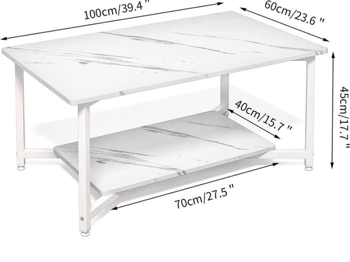 2-Tier Coffee Table with Open Shelf for Spacious Storage, Coffee Desk, Industrial-Style for Living Room, Home, Office White Marble (FREE POSTAGE)