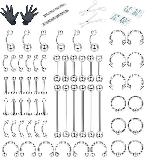 60Pcs Professional Piercing Kit 316L Stainless Steel Nose Ring Horseshoe Lip Tongue Eyebrow Rook Septum Tragus Cartilage Body Piercing Ear Navel Rings Barbells (FREE POSTAGE)