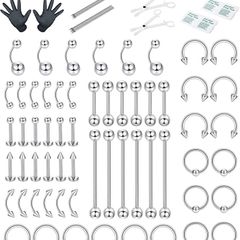 60Pcs Professional Piercing Kit 316L Stainless Steel Nose Ring Horseshoe Lip Tongue Eyebrow Rook Septum Tragus Cartilage Body Piercing Ear Navel Rings Barbells (FREE POSTAGE)