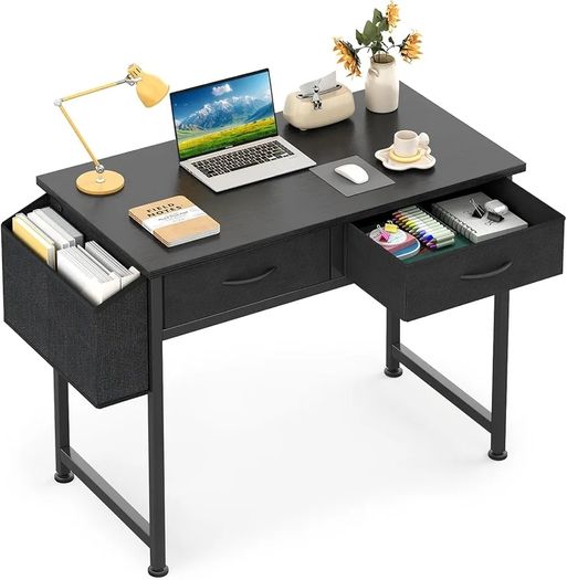 Computer Office Desk for Small Space with Fabric Drawers, Home Office Desk for Bedroom with Side Pocket and Hook 31 Inch Kids Desks, Writing Desks, Study Table and Work Table, Black