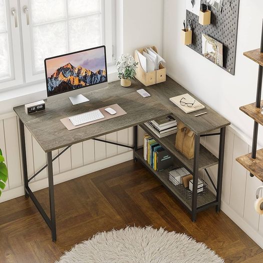 L Shaped Desk Small Corner Desk with Shelves 120CM Reversible Computer Desk Writing Table with Bookshelf for Home Office Small Space