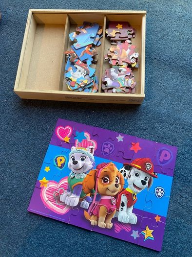 Set of three Paw Patrol jigsaws in wooden box