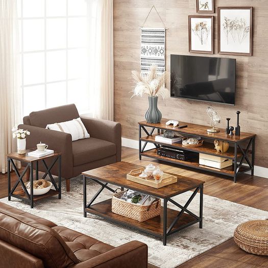 _Coffee Table with X-Shaped Struts, Steel Frame and Shelves, 100 x 55 x 45 cm, Industrial Design, Country House Style, Vintage Brown / Black