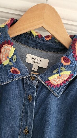 MONSOON Denim Embroidered Midi Dress with pockets Sz 14 - Rrp 110 (New)