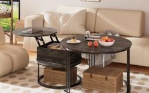 Round Coffee Table - 70cm/50cm Nesting Tables Set of 2, Hydraulic Lift-Top with Hidden Storage, Centre Table for Living Room, Small Space, Home Office