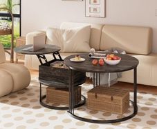 Round Coffee Table - 70cm/50cm Nesting Tables Set of 2, Hydraulic Lift-Top with Hidden Storage, Centre Table for Living Room, Small Space, Home Office