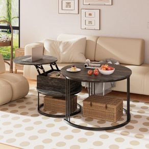 Round Coffee Table - 70cm/50cm Nesting Tables Set of 2, Hydraulic Lift-Top with Hidden Storage, Centre Table for Living Room, Small Space, Home Office