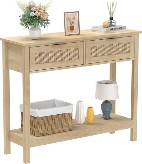 Console Table with 2 Drawers 2 Tier Entryway Table Farmhouse Wood Sofa Tables with Open Storage Shelf for Living Room Hallway Foye