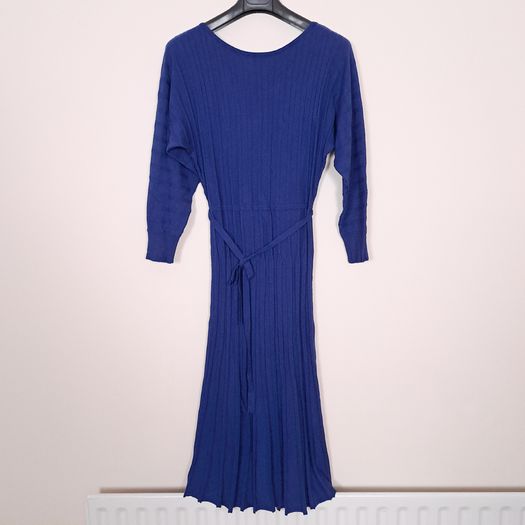 Monsoon Royal Blue Ribbed Knit Long Sleeve Tie Waist Fit & Flare Midi Dress Size S