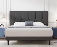 King Bed Frame, Dark Grey, Upholstered Wooden Slat Bed Frame with Headboard