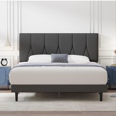King Bed Frame, Dark Grey, Upholstered Wooden Slat Bed Frame with Headboard