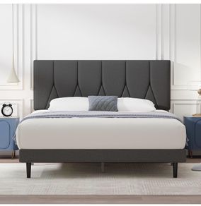 King Bed Frame, Dark Grey, Upholstered Wooden Slat Bed Frame with Headboard