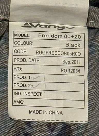Vango Freedom 80+20 Hiking Backpack Travel Rucksack Adjustable Back Black