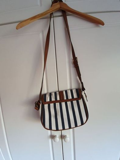 J Crew navy and white canvas with tan leather bag