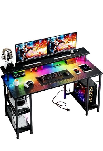 120x50cm Gaming Desk with LED Lights & Power Outlets,Black Storage Shelves, Dual Monitor Stand, Home Office & Study, Work from Home, Bedroom, Small Spaces, Dorm, Space-Saving, Students