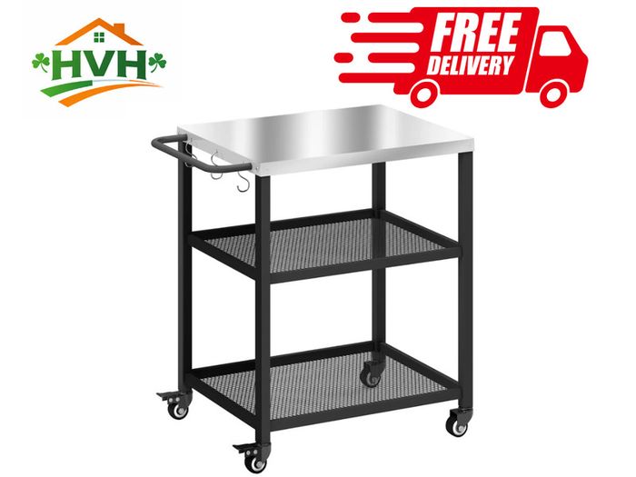 3-Tier Mobile Barbecue Cart with Wheels and Brake Stainless Steel Worktop Adjustable Shelf Hooks Black