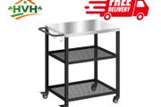 3-Tier Mobile Barbecue Cart with Wheels and Brake Stainless Steel Worktop Adjustable Shelf Hooks Black