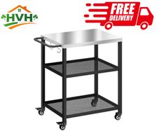 3-Tier Mobile Barbecue Cart with Wheels and Brake Stainless Steel Worktop Adjustable Shelf Hooks Black