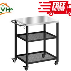3-Tier Mobile Barbecue Cart with Wheels and Brake Stainless Steel Worktop Adjustable Shelf Hooks Black