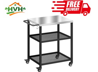 3-Tier Mobile Barbecue Cart with Wheels and Brake Stainless Steel Worktop Adjustable Shelf Hooks Black