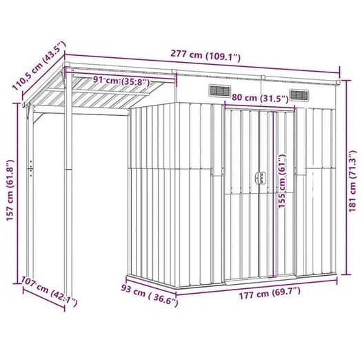 Garden Shed with Extended Roof Light Grey 277x107x181 cm Steel