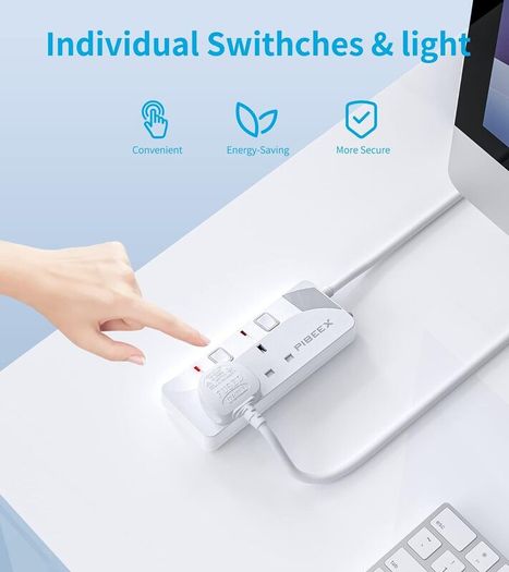 Extension Lead 2 Way Plug Sockets with Individual Switches Wall Mountable Power Strip 1.5M Extension Cable 13A Fused UK Plug 3250W
