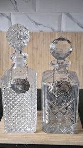 Vintage 4-Piece Barware Set: 2 Decanters & Solid Sterling Silver Labels (Birmingham 1990)