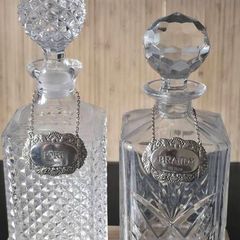 Vintage 4-Piece Barware Set: 2 Decanters & Solid Sterling Silver Labels (Birmingham 1990)