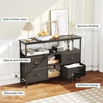 110cm TV Stand, TV Cabinet with Power Outlets & LED Light, 4 Fabric Drawers TV Unit for TVs Up to 55 inch, Entertainment Center for Living Room, Bedroom, Black
