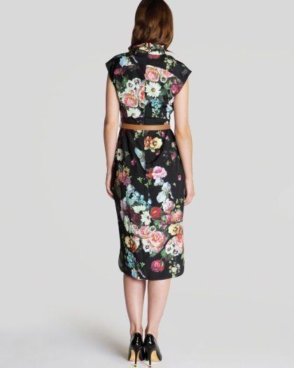 TED BAKER Floral Black Oil Painting Midi Dress Size 0