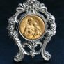 Vintage Embossed silvered Metal Brooch Plaque Stand Golden Medallion Art religious Circa1950s 3" Image 3